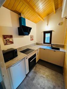 a small kitchen with a stove and a sink at Chalet bord de l'eau avec spa privatif in Longpré-les-Corps-Saints