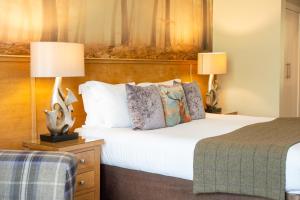 Glen Mhor Hotel في إينفيرنيس: غرفه فندقيه بسرير ومصباحين