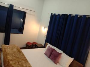 een slaapkamer met een bed met een blauw gordijn bij Lake Haven Resort, Sari, Chopta in Sari