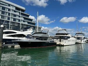 un groupe de bateaux amarrés dans l'eau près d'un bâtiment dans l'établissement YACHT "X" - 44 FOOT MODERN YACHT ON 5 STAR OCEAN VILLAGE MARINA - minutes away from city centre and cruise terminals, Free parking ,SPA package available!, à Southampton