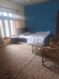 ein Schlafzimmer mit einem Bett und einer blauen Wand in der Unterkunft Baltistan guest house in Skardu