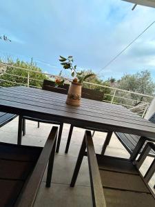 帕勒雍提費基翁的住宿－Adams Villa，阳台上的木餐桌和盆栽植物