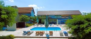 uma piscina com cadeiras e um guarda-sol e uma casa em Pensiunea Miasor em Murighiol
