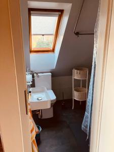a small bathroom with a sink and a window at Ferienunterkunft Ostsee Rostock in Mönchhagen
