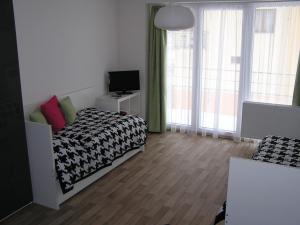 um quarto com uma cama, uma televisão e janelas em Apartment Třeboň em Třeboň