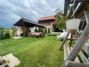 einen Hof mit Picknicktisch und Stühlen und ein Haus in der Unterkunft Pensiunea Angelica in Baia de Fier