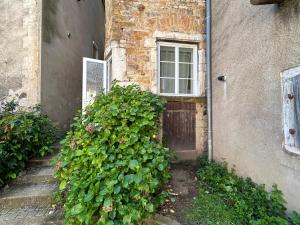 un edificio con una puerta y un gran arbusto verde en Ambiance Cosy, en Buxy