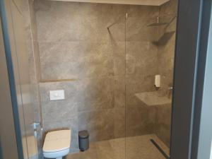 a bathroom with a glass shower with a toilet at Pensiunea Normandia in Timişoara