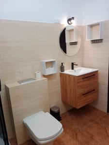 a bathroom with a toilet and a sink and a mirror at Pokoje Gościnne Atelier in Orneta