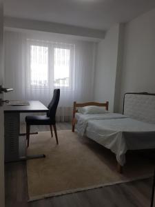 um quarto com uma cama, uma secretária e uma cadeira em Banesa ne FushKosovë em Pristina