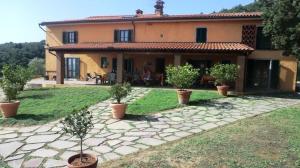 ein Haus mit einem Hof mit Topfbäumen davor in der Unterkunft Ferienhaus in Monsummano Terme mit Privatem Pool in Montevettolini