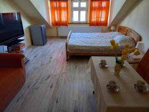 uma sala de estar com uma cama e uma televisão em Pokoje gościnne u Anka Reszel em Reszel