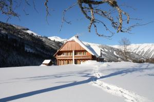eine Blockhütte mit Schnee auf dem Dach in der Unterkunft Appartements Zettler in Donnersbachwald
