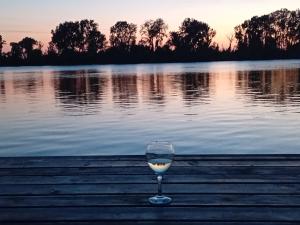 a wine glass sitting on a dock near a lake at Splav ostruznica in Belgrade