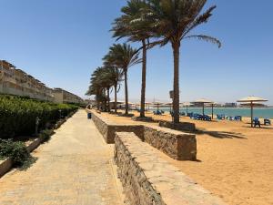 アインソフナにあるقرية بلاجيو العين السخنةのヤシの木と海の遊歩道