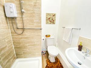 uma casa de banho com um chuveiro, um WC e um lavatório. em The Trinity Lodge - Self Serviced em West Bromwich