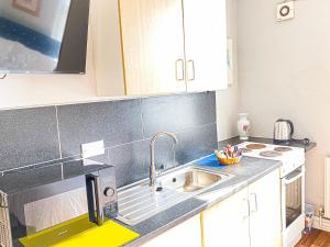 uma cozinha com um lavatório e um micro-ondas em The Trinity Lodge - Self Serviced em West Bromwich