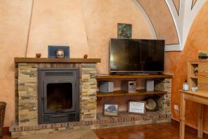sala de estar con chimenea y TV en Casa Rural La TERRONA en Zarza de Montánchez