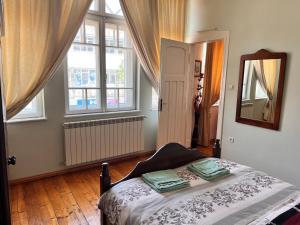 um quarto com uma cama, um espelho e uma janela em Albert Guest House em Ruse