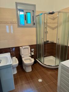 a bathroom with a toilet and a shower and a sink at Bujtina Amar in Lazarat +45 photos