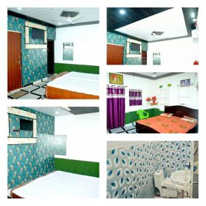 a collage of four pictures of a room at Radhey Krishna home stay in Mathura