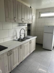 a kitchen with a sink and a refrigerator at Charmant appartement Grand Stade in Villeneuve d'Ascq