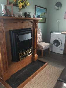 a living room with a fireplace and a washing machine at Riverside in Doonbeg