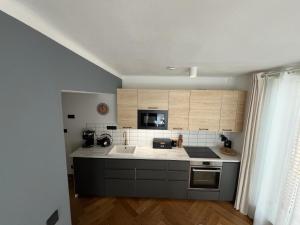 a kitchen with a sink and a counter top at Slunečný apartmán Velké Losiny in Velké Losiny