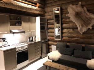 una cucina con piano cottura e un divano in camera di Rukanloiste a Ruka