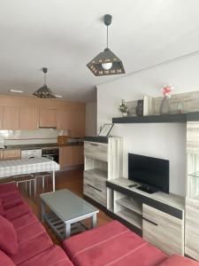 a living room with a red couch and a television at Apartamento en Carreña de Cabrales in Carreña de Cabrales