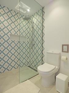 een badkamer met een toilet en een glazen douche bij Little Iremia in Kouspádes