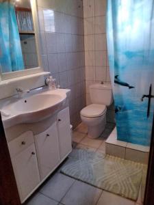 y baño con lavabo, aseo y ducha. en Lambrinis house, en Kanallákion