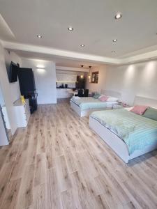 duży pokój z 2 łóżkami i kuchnią w obiekcie APARTAMENT Z POMOSTEM nad Jeziorem Czorsztyńskim w mieście Frydman +14 zdjęć