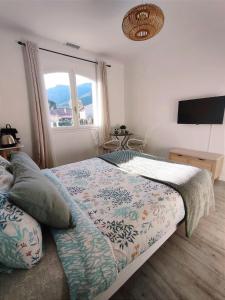 um quarto com uma cama e uma grande janela em Chambre climatisée entre mer et montagne, avec SDB et WC privatifs em Laroque-des-Albères