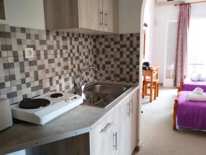 a kitchen with a sink and a counter top at Nikos Apartments 3 in Kavos +19 photos