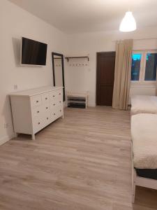 ein Schlafzimmer mit einem Bett, einer Kommode und einem TV in der Unterkunft Bajkowy Las in Pobierowo