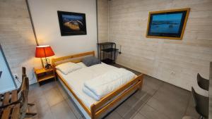 a bedroom with a bed and a tv on a wall at Le studio rustique du Bassin in La Teste-de-Buch