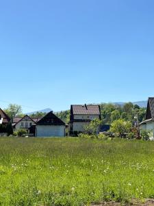 um campo de relva verde com casas ao fundo em Apartament u Majki em Bystra