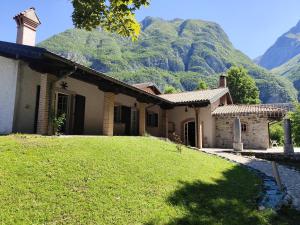a house with a grass yard in front of a mountain at Casa delle Risorgive in Venzone