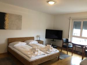 a bedroom with a bed and a table and a television at Cozy, sunny, city center 1 bedroom flat (Marble 3) in Zurich