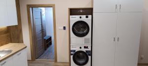 een keuken met 2 wasmachines en een wasmachine en droger bij Ground Floor Rooms in Łomża