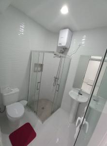 a bathroom with a shower and a toilet and a sink at Apto T0 na Capital in Praia