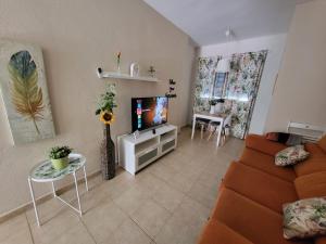 uma sala de estar com um sofá e uma televisão em Apartamento Torremolinos centro em Torremolinos