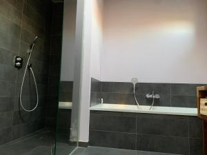 a bathroom with a shower with a shower head at Maison spacieuse avec piscine au sel proche grand stade in Sainghin-en-Mélantois +8 photos