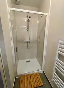 a shower with a glass door in a bathroom at 45m² rez-de-chaussée au calme centre-ville in Mayenne