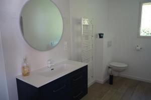 un bagno con lavandino, specchio e WC di La Bernique bleue de Perros gîte vue mer a Perros-Guirec