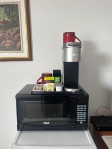a coffee maker on top of a microwave at Hotel Motel Le Château in Lac-Mégantic