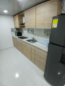 a kitchen with a black refrigerator and wooden cabinets at cerca al mar 1 in Buenavista