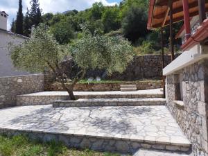 Lílaia的住宿－Lilea Elia & Petra，石头庭院,有树和石墙