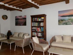 a living room with couches and a book shelf with books at Hotel Galli - Wellness & Spa in Fetovaia